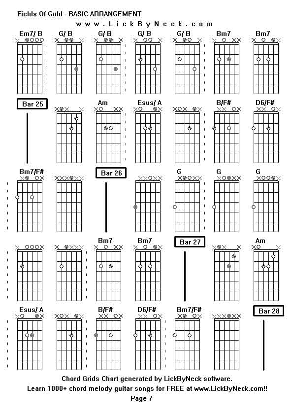 Chord Grids Chart of chord melody fingerstyle guitar song-Fields Of Gold - BASIC ARRANGEMENT,generated by LickByNeck software.